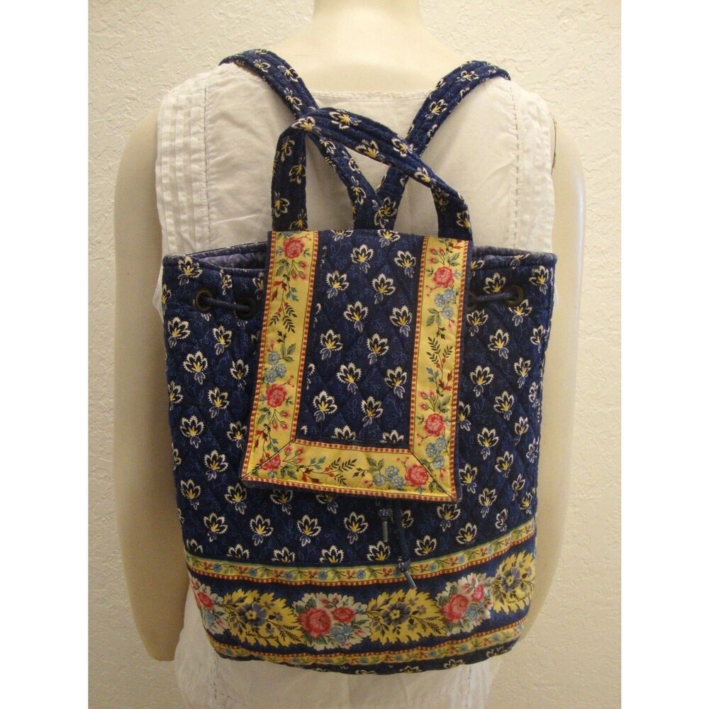 Vera Bradley Backpack RARE MIMI Blue Yellow Floral Drawstring Bag Retired